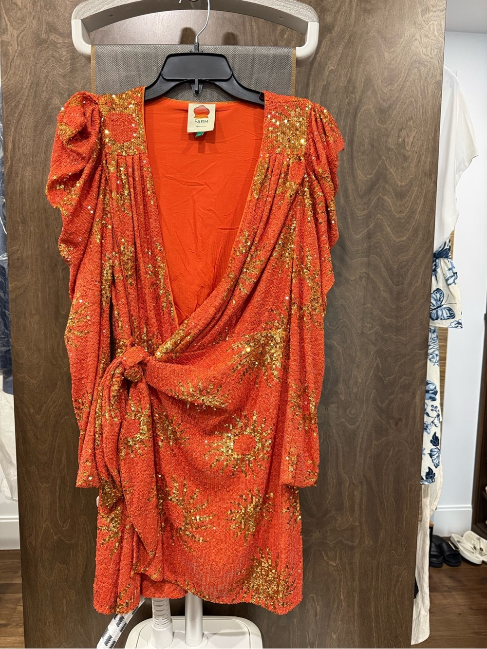 FARM Rio Orange Sequin Knot-Front Mini Dress